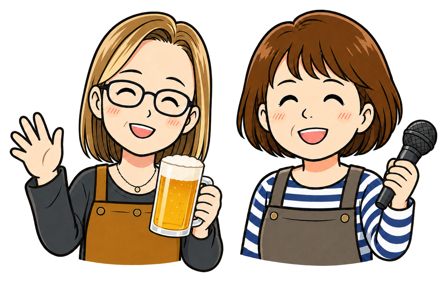 ビールとカラオケマイクを持つ、より処たくちゃんの女性二人のキャラクター